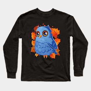 Blue Owl Orange Autumn Leaves Long Sleeve T-Shirt